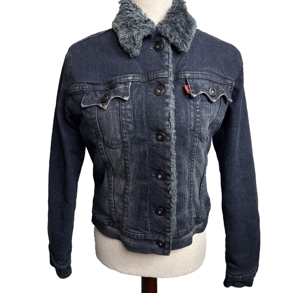 Vintage Y2K Levis Faux Fur Lined Denim Jacket Womens Medium Blue Sherpa